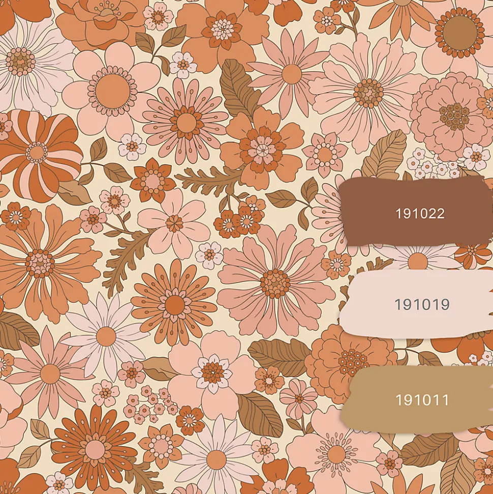 ESTAhome papier peint fleurs rétro rose terracotta et orange - 53 cm x 10.05 m - 130962