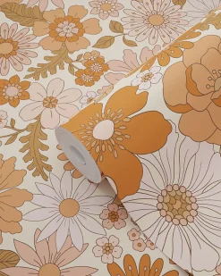 ESTAhome papier peint fleurs rétro rose terracotta et orange - 53 cm x 10.05 m - 130962