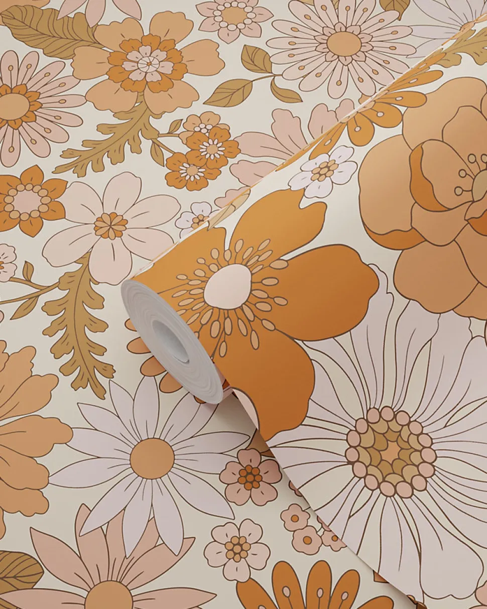 ESTAhome papier peint fleurs rétro rose terracotta et orange - 53 cm x 10.05 m - 130962