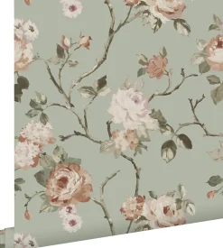 ESTAhome papier peint fleurs vintage vert menthe grisé et rose clair - 53 cm x 10.05 m - 139291