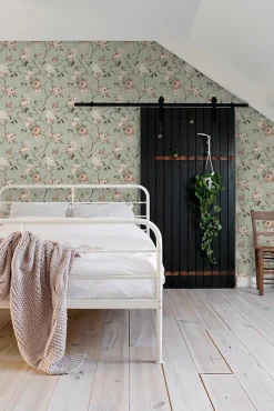 ESTAhome papier peint fleurs vintage vert menthe grisé et rose clair - 53 cm x 10.05 m - 139291