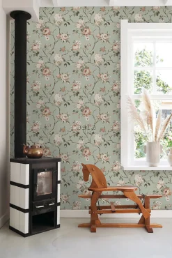 ESTAhome papier peint fleurs vintage vert menthe grisé et rose clair - 53 cm x 10.05 m - 139291