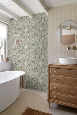 ESTAhome papier peint fleurs vintage vert menthe grisé et rose clair - 53 cm x 10.05 m - 139291
