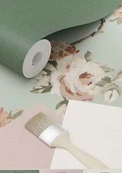 ESTAhome papier peint fleurs vintage vert menthe grisé et rose clair - 53 cm x 10.05 m - 139291