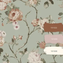 ESTAhome papier peint fleurs vintage vert menthe grisé et rose clair - 53 cm x 10.05 m - 139291
