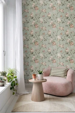 ESTAhome papier peint fleurs vintage vert menthe grisé et rose clair - 53 cm x 10.05 m - 139291