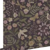ESTAhome papier peint fleurs et oiseaux violet aubergine, vert olive grisé et lilas violet - 53 cm x 10.05 m - 139871