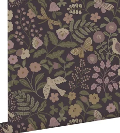 ESTAhome papier peint fleurs et oiseaux violet aubergine, vert olive grisé et lilas violet - 53 cm x 10.05 m - 139871