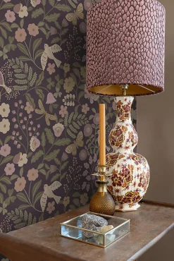 ESTAhome papier peint fleurs et oiseaux violet aubergine, vert olive grisé et lilas violet - 53 cm x 10.05 m - 139871