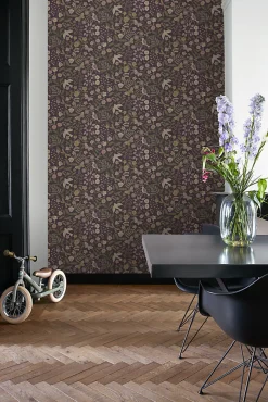 ESTAhome papier peint fleurs et oiseaux violet aubergine, vert olive grisé et lilas violet - 53 cm x 10.05 m - 139871