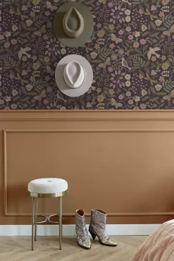 ESTAhome papier peint fleurs et oiseaux violet aubergine, vert olive grisé et lilas violet - 53 cm x 10.05 m - 139871