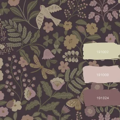 ESTAhome papier peint fleurs et oiseaux violet aubergine, vert olive grisé et lilas violet - 53 cm x 10.05 m - 139871