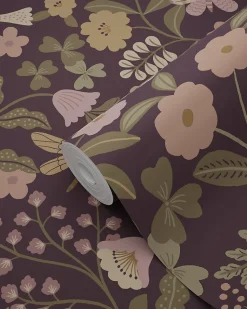 ESTAhome papier peint fleurs et oiseaux violet aubergine, vert olive grisé et lilas violet - 53 cm x 10.05 m - 139871