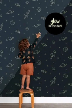 ESTAhome papier peint glow-in-the-dark Univers bleu foncé - 53 cm x 10.05 m - 139761