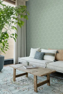 ESTAhome papier peint hexagone vert grisé et blanc - 53 cm x 10.05 m - 139227
