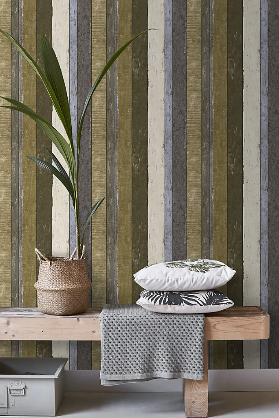 ESTAhome papier peint imitation bois beige, bleu et vert kaki - 53 cm x 10.05 m - 138253