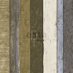 ESTAhome papier peint imitation bois beige, bleu et vert kaki - 53 cm x 10.05 m - 138253