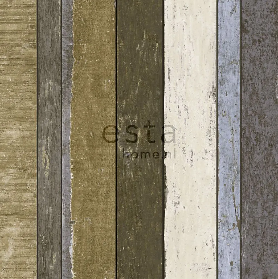 ESTAhome papier peint imitation bois beige, bleu et vert kaki - 53 cm x 10.05 m - 138253
