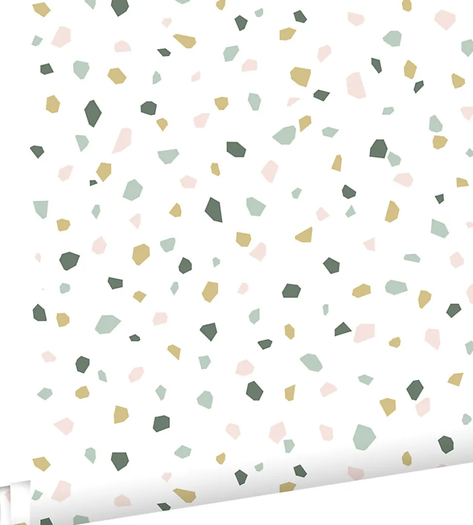ESTAhome papier peint imitation terrazzo blanc, rose clair et vert menthe - 53 cm x 10.05 m - 139033