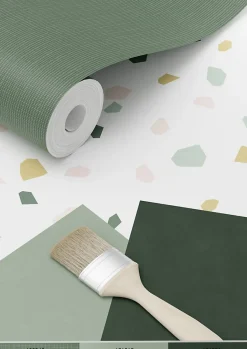 ESTAhome papier peint imitation terrazzo blanc, rose clair et vert menthe - 53 cm x 10.05 m - 139033