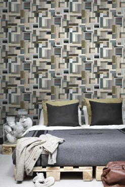 ESTAhome papier peint imitation bois marron et vert olive grisé - 53 cm x 10.05 m - 138514