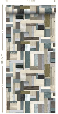ESTAhome papier peint imitation bois marron et vert olive grisé - 53 cm x 10.05 m - 138514