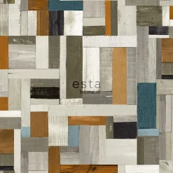 ESTAhome papier peint imitation bois gris, marron et bleu gris - 53 cm x 10.05 m - 138515
