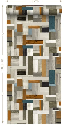 ESTAhome papier peint imitation bois gris, marron et bleu gris - 53 cm x 10.05 m - 138515
