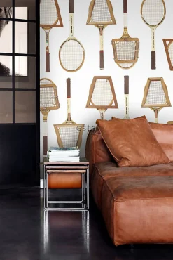 ESTAhome papier peint intissé XXL raquettes de tennis vintage blanc, marron et beige - 50 x 900 cm - 158801