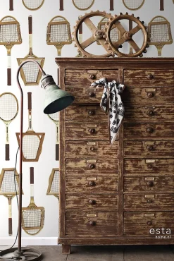 ESTAhome papier peint intissé XXL raquettes de tennis vintage blanc, marron et beige - 50 x 900 cm - 158801