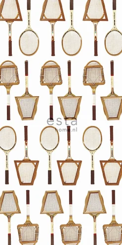 ESTAhome papier peint intissé XXL raquettes de tennis vintage blanc, marron et beige - 50 x 900 cm - 158801