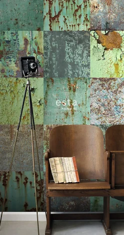 ESTAhome papier peint intissé XXL patchwork de plaques de metal rouillé et vieilli bleu canard et marron - 50 x 900 cm - 158203