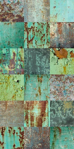 ESTAhome papier peint intissé XXL patchwork de plaques de metal rouillé et vieilli bleu canard et marron - 50 x 900 cm - 158203