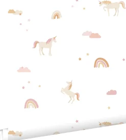ESTAhome papier peint licornes beige, rose clair et jaune ocre - 50 x 900 cm - 139538