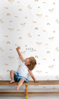 ESTAhome papier peint licornes beige, rose clair et jaune ocre - 50 x 900 cm - 139538