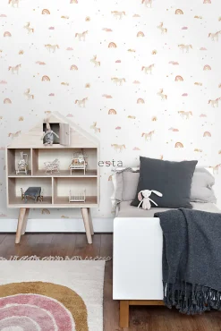 ESTAhome papier peint licornes beige, rose clair et jaune ocre - 50 x 900 cm - 139538