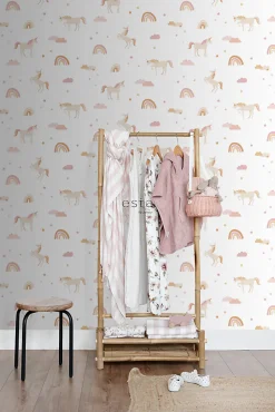 ESTAhome papier peint licornes blanc, rose clair et jaune ocre - 53 cm x 10.05 m - 139581