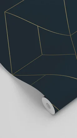 ESTAhome papier peint lignes graphiques bleu foncé et or - 50 x 900 cm - 139946