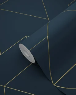 ESTAhome papier peint lignes graphiques bleu foncé et or - 50 x 900 cm - 139946