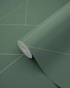 ESTAhome papier peint lignes graphiques vert foncé et or - 53 cm x 10.05 m - 139212