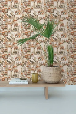 ESTAhome papier peint maisons méditerranéennes beige et terracotta - 50 x 900 cm - 139623