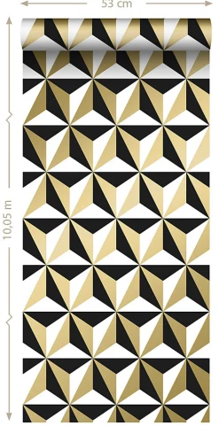 ESTAhome papier peint motif graphique or brillant, blanc et noir - 53 cm x 10.05 m - 139118