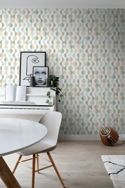 ESTAhome papier peint motif graphique vert grisé, bleu clair et beige - 50 x 900 cm - 139620
