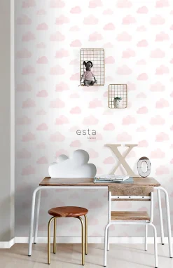 ESTAhome papier peint nuages tamponnés rose clair et blanc - 53 cm x 10.05 m - 138929