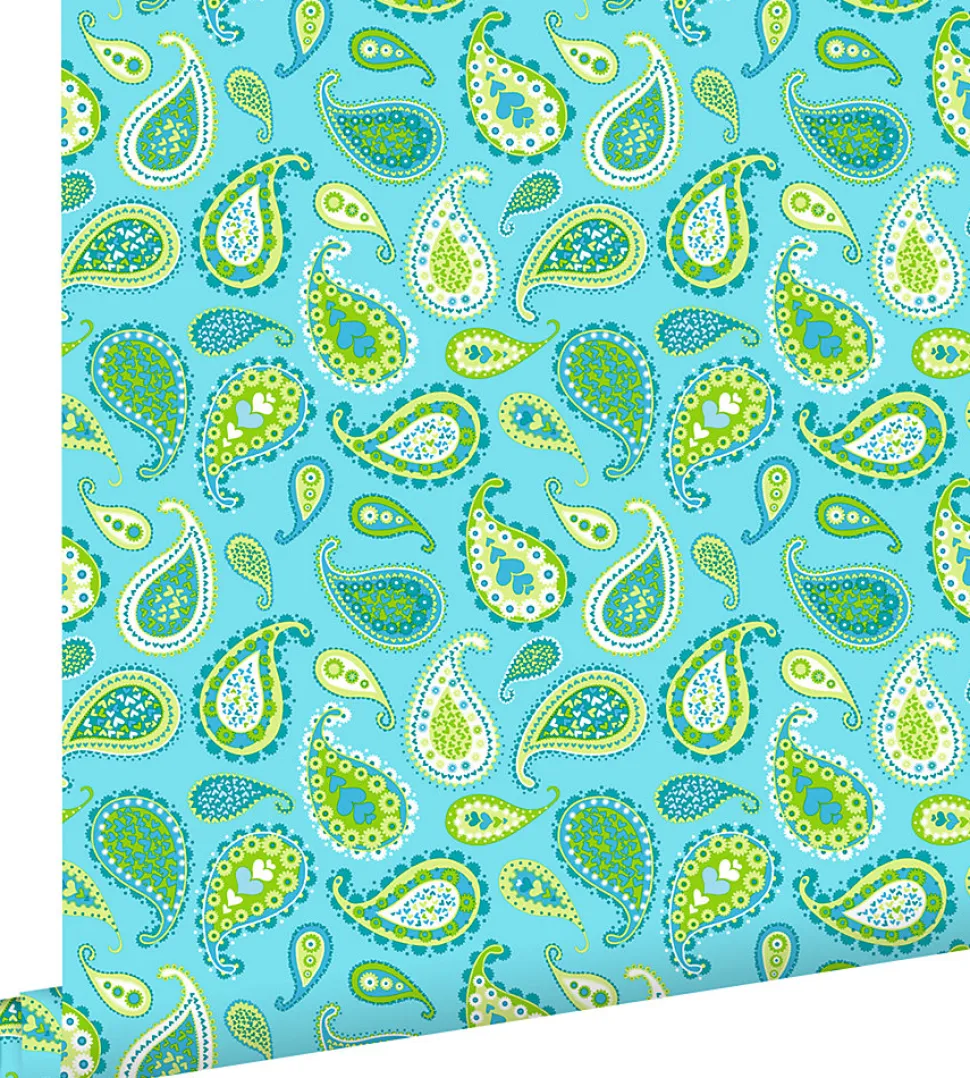 ESTAhome papier peint paisleys turquoise et vert citron - 53 cm x 10.05 m - 115827