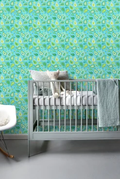 ESTAhome papier peint paisleys turquoise et vert citron - 53 cm x 10.05 m - 115827