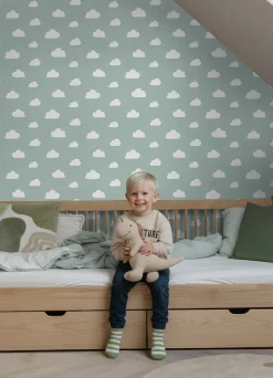 ESTAhome papier peint petits nuages vert menthe grisé - 53 cm x 10.05 m - 139487