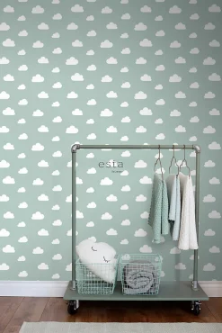 ESTAhome papier peint petits nuages vert menthe grisé - 53 cm x 10.05 m - 139487