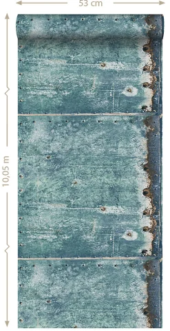 ESTAhome papier peint plaques métalliques turquoise et brun rouille - 53 cm x 10.05 m - 138220