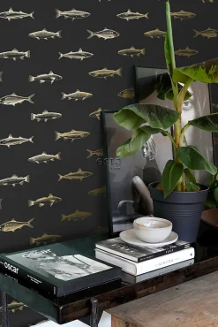 ESTAhome papier peint poissons noir et or - 53 cm x 10.05 m - 139124